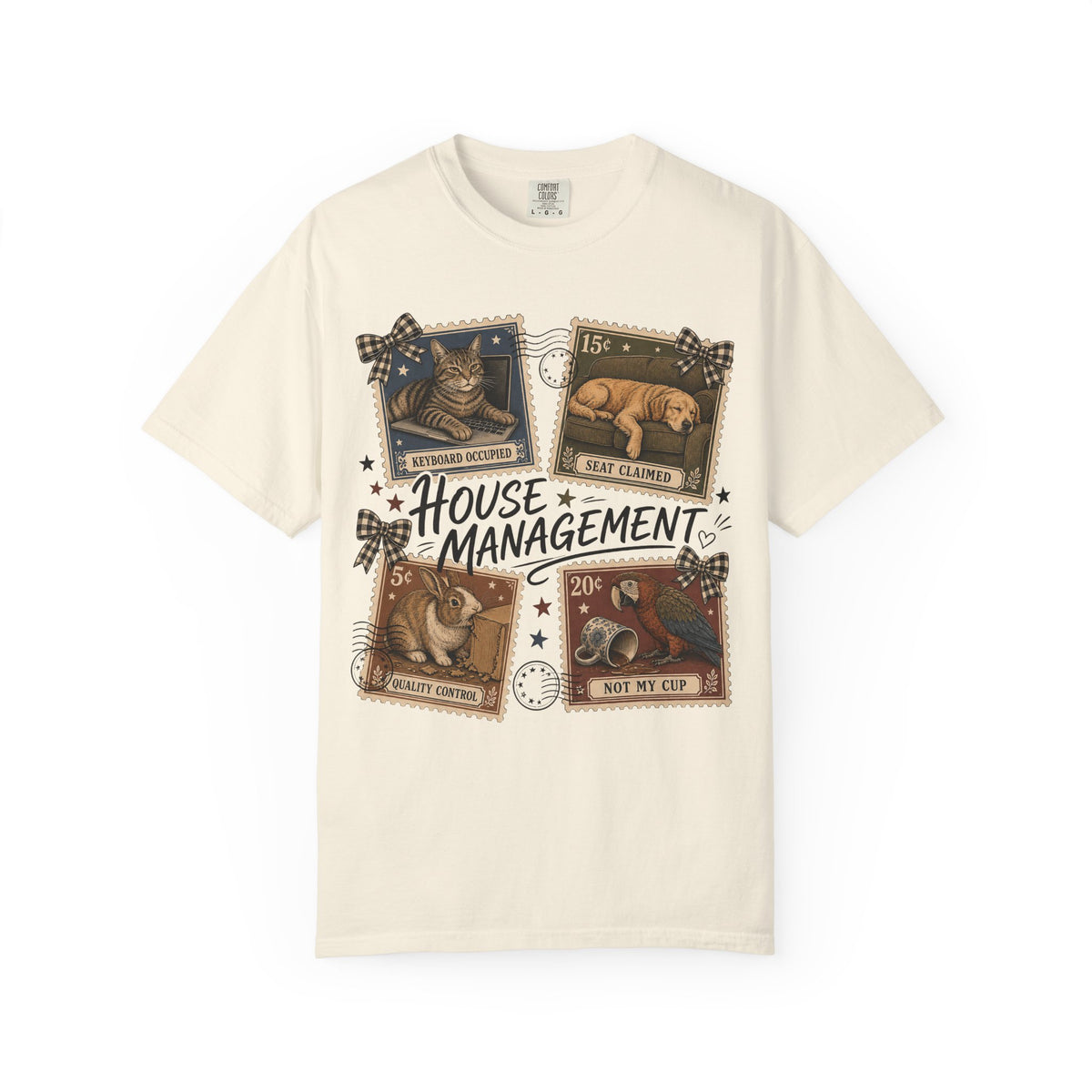 House Management Shirt, Funny Pet Tee, Vintage Stamp Cat Dog Bunny Parrot Shirt, Pet Mom Gift, Comfort Colors