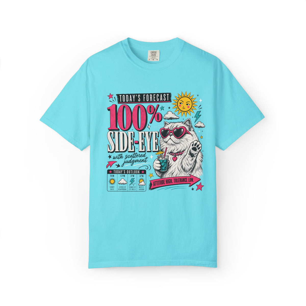 "Today's Forecast: 100% Side-Eye" Funny Cat T-Shirt | Comfort Colors 1717 | Sassy Cat Weather Meme Tee