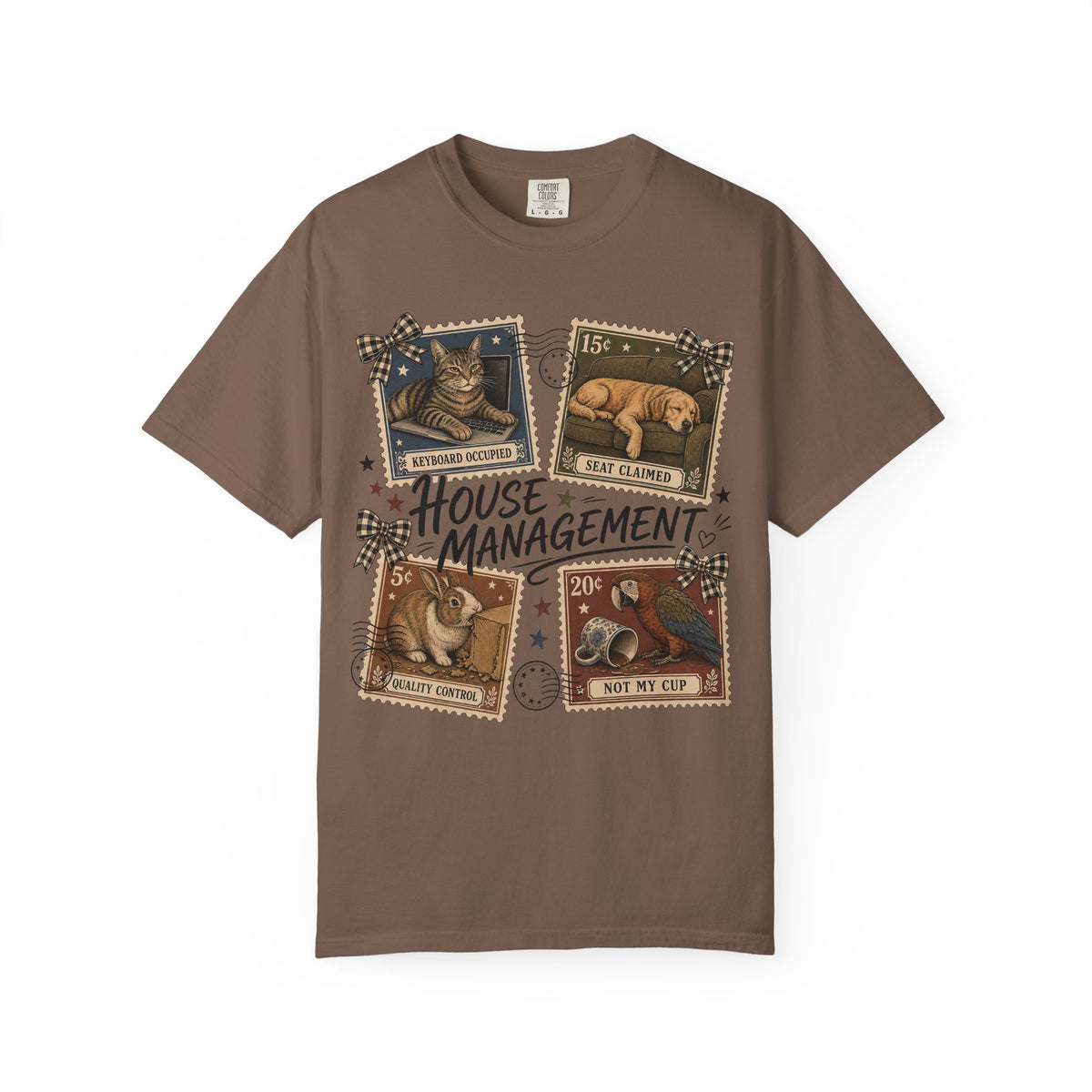 House Management Shirt, Funny Pet Tee, Vintage Stamp Cat Dog Bunny Parrot Shirt, Pet Mom Gift, Comfort Colors