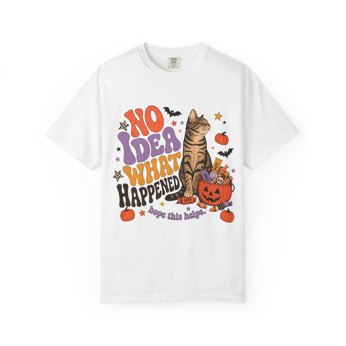 No Idea What Happened Hope This Helps Funny Cat Halloween Shirt | Retro Groovy Tabby Cat Candy Tee | Funny Cat Mom Halloween Shirt