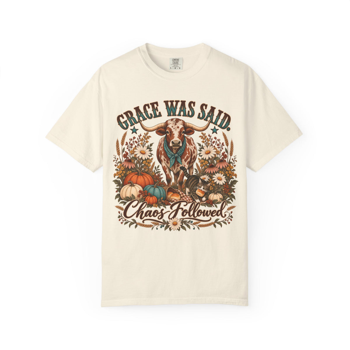 Grace Was Said Chaos Followed Funny Thanksgiving T-Shirt | Western Longhorn Fall Pumpkin Tee | Comfort Colors 1717 Garment-Dyed Unisex Shirt | Christian Faith Family Gift