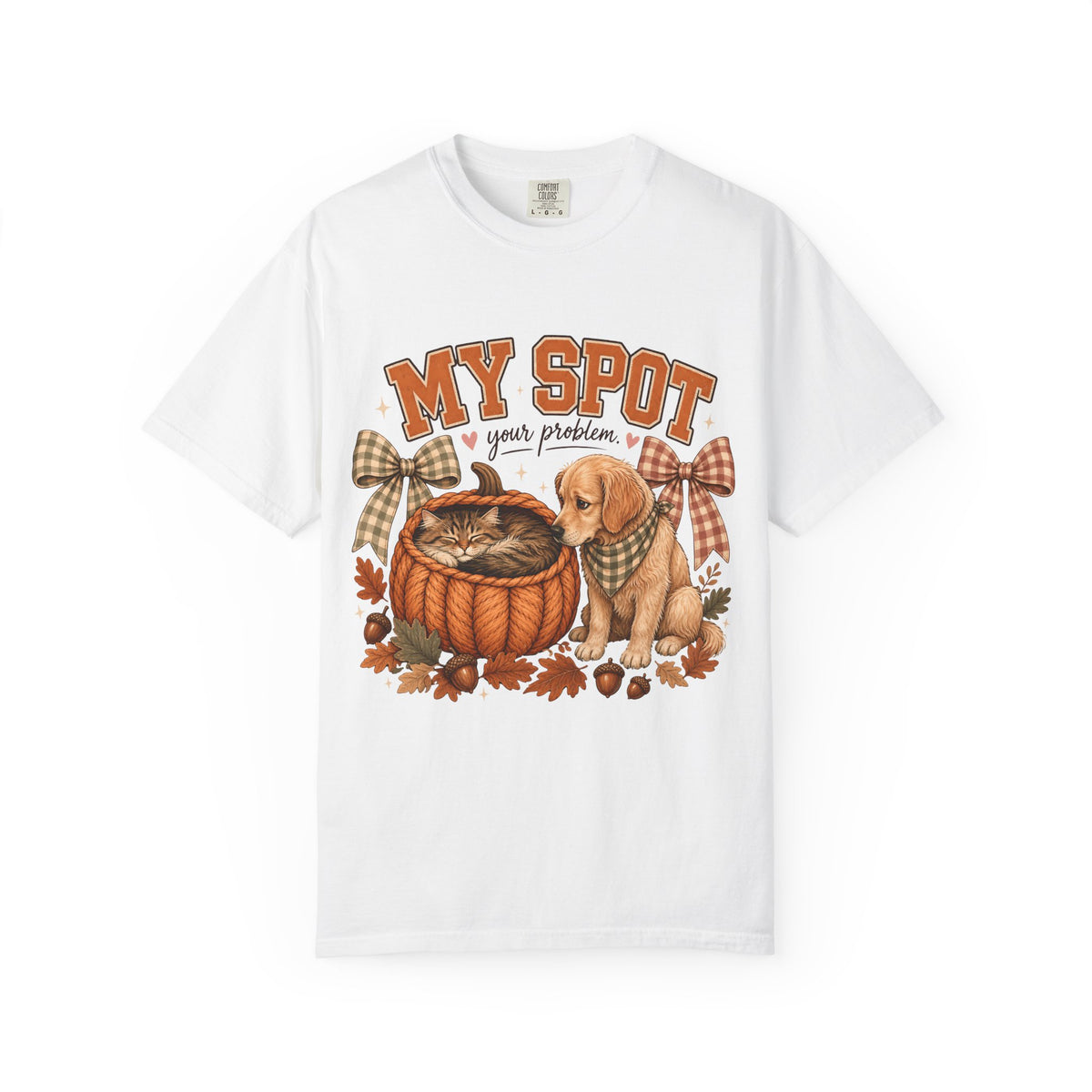 My Spot Your Problem Funny Cat & Dog Fall Shirt | Cute Kitten In Pumpkin Basket Golden Retriever Tee | Cottagecore Cat Mom Dog Mom Shirt
