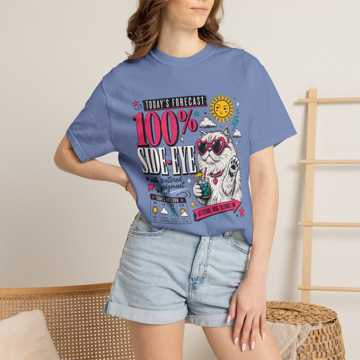 "Today's Forecast: 100% Side-Eye" Funny Cat T-Shirt | Comfort Colors 1717 | Sassy Cat Weather Meme Tee