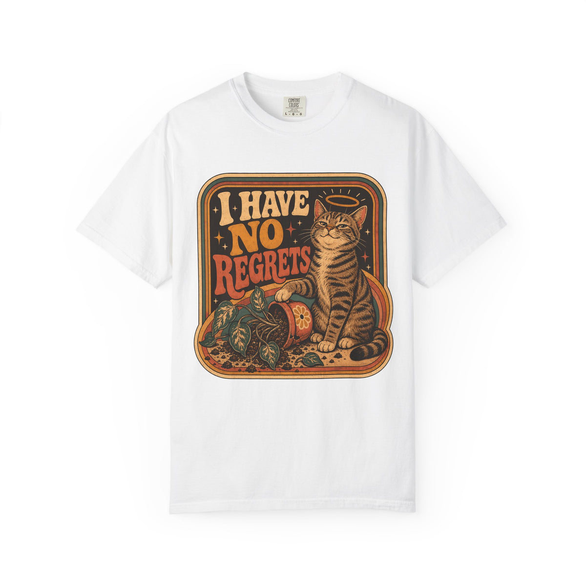 I Have No Regrets Funny Cat Shirt | Retro Tabby Cat Knocked Over Plant Tee | Angel Halo Cat