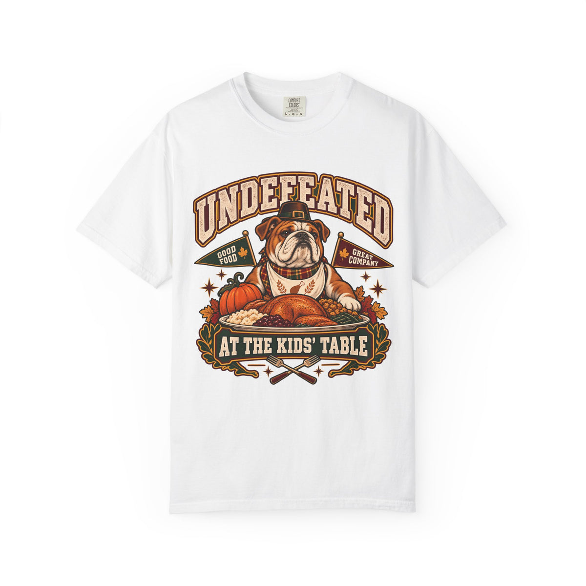 Undefeated at the Kids' Table Funny Thanksgiving T-Shirt | Vintage Bulldog Family Dinner Tee | Comfort Colors 1717 Garment-Dyed Unisex Shirt | Dog Lover Gift