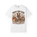 Grace Was Said Chaos Followed Funny Thanksgiving T-Shirt | Western Longhorn Fall Pumpkin Tee | Comfort Colors 1717 Garment-Dyed Unisex Shirt | Christian Faith Family Gift