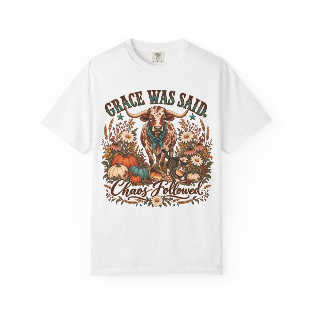 Grace Was Said Chaos Followed Funny Thanksgiving T-Shirt | Western Longhorn Fall Pumpkin Tee | Comfort Colors 1717 Garment-Dyed Unisex Shirt | Christian Faith Family Gift