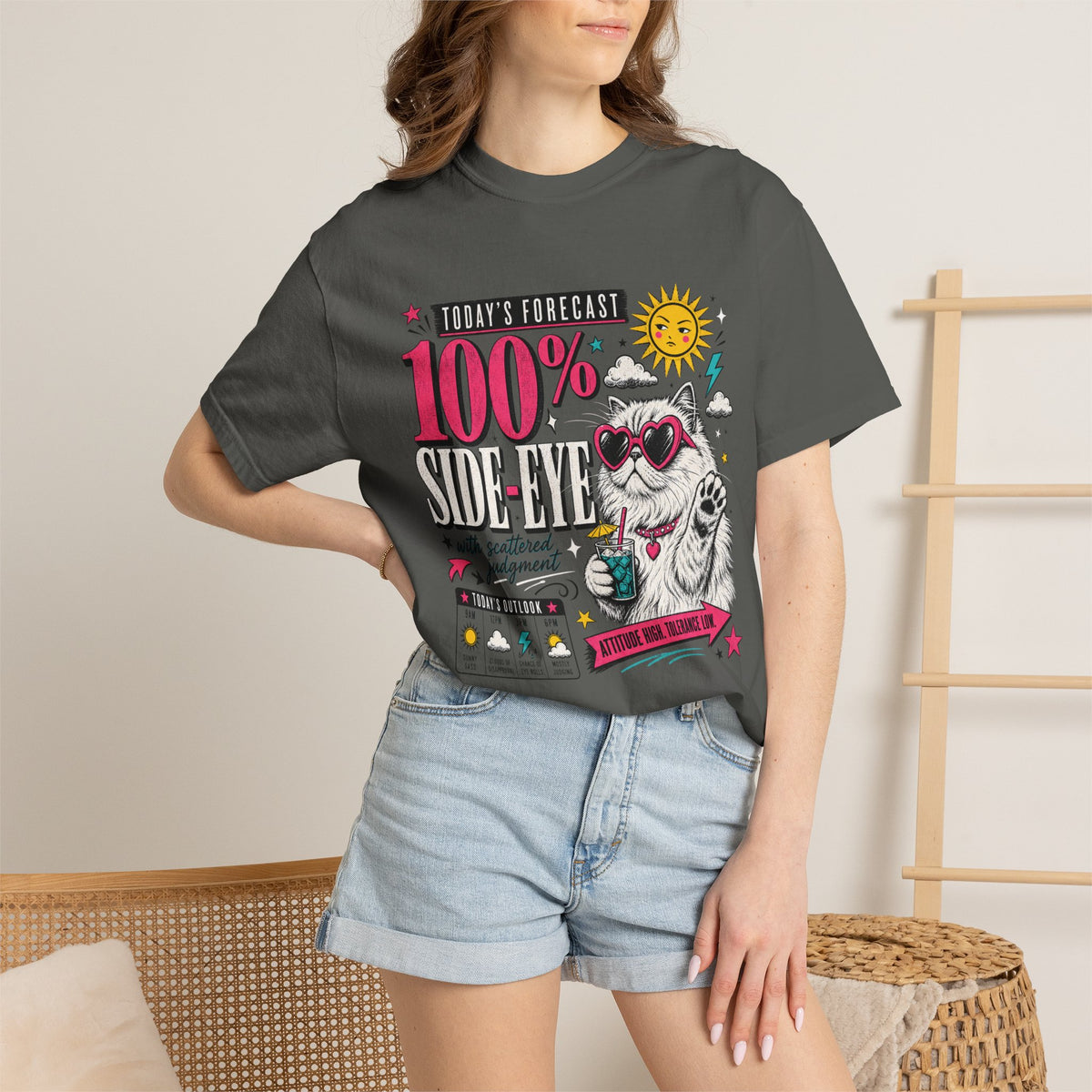 "Today's Forecast: 100% Side-Eye" Funny Cat T-Shirt | Comfort Colors 1717 | Sassy Cat Weather Meme Tee