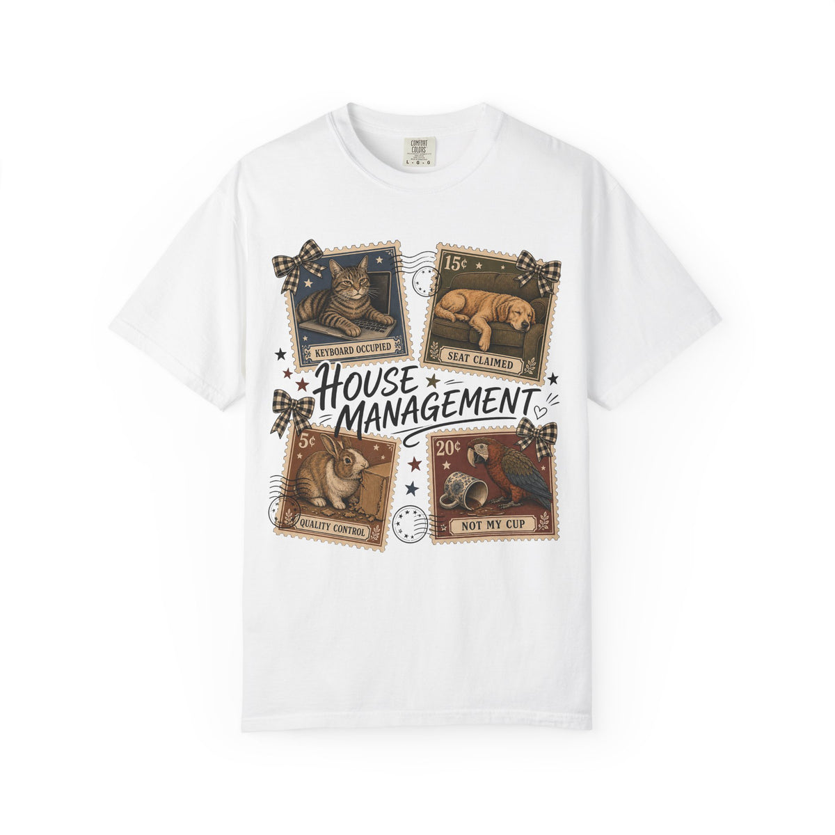 House Management Shirt, Funny Pet Tee, Vintage Stamp Cat Dog Bunny Parrot Shirt, Pet Mom Gift, Comfort Colors