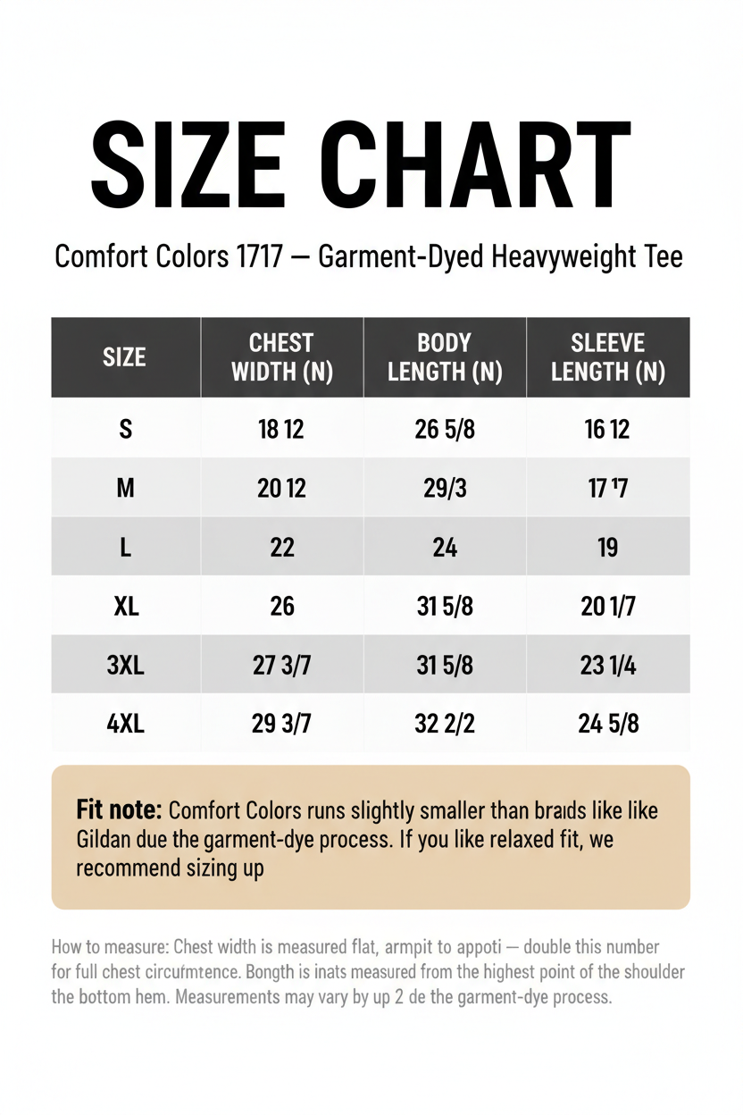 Comfort Colors 1717 Size Chart